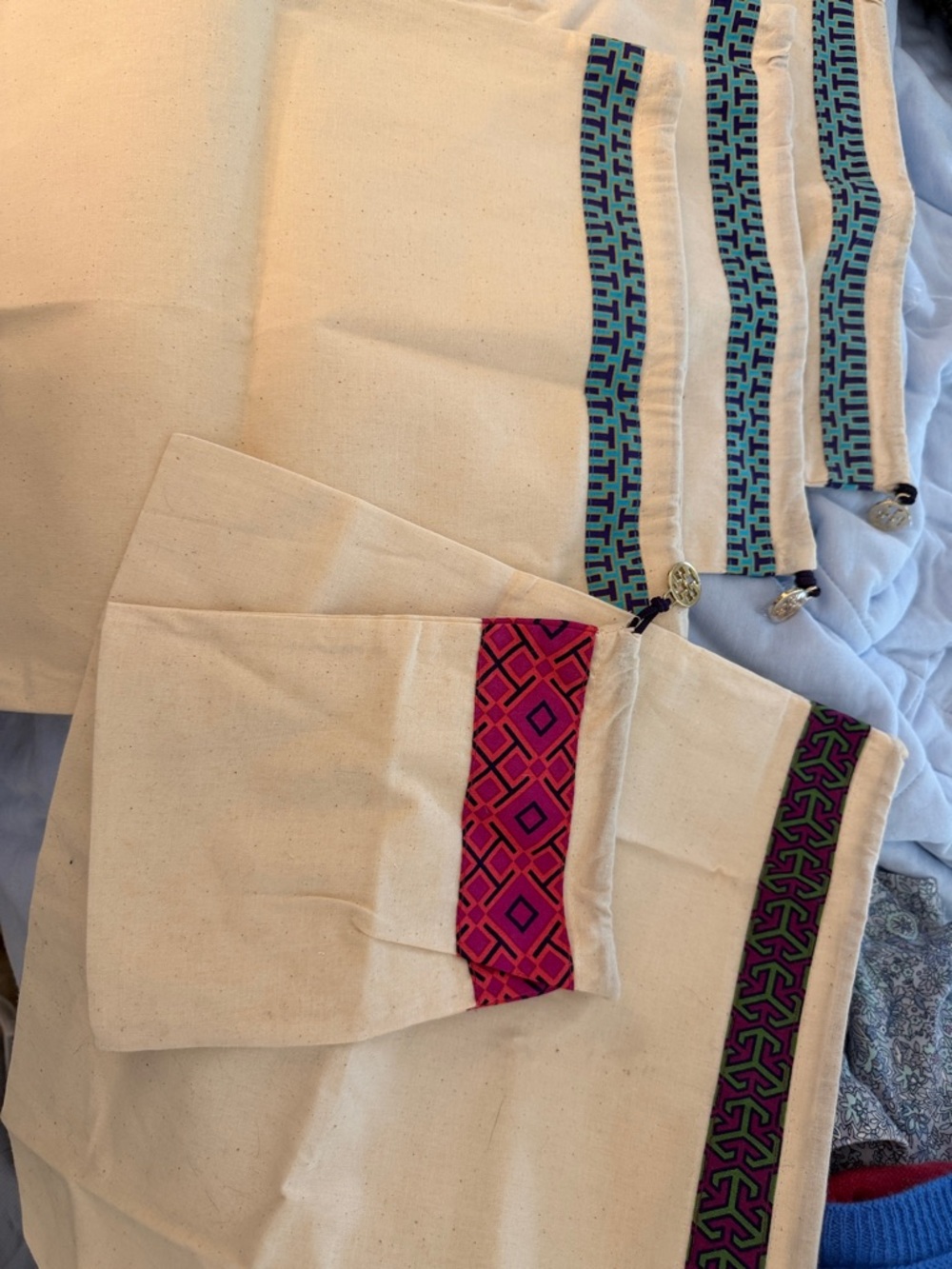 Tory Burch Canvas Drawstring Bags with Pink and Teal Trim